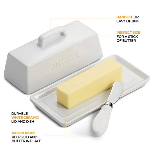 Ceramic Butter Dish Set with Lid and Knife - Decorative Butter Stick Holder with Handle for 1 Stick of Butter - Microwave Safe, Dishwasher Safe - Anti-Scratch Stickers Included - Thumbnail 7