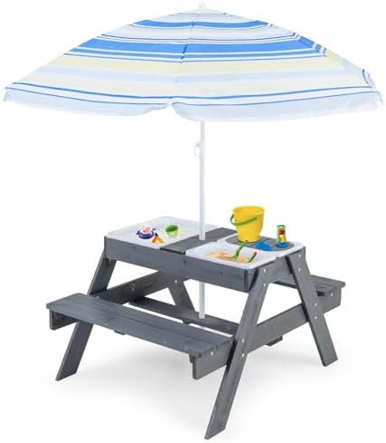 HONEY JOY Kids Picnic Table, 4 in 1 Cedar Wooden Sand & Water Table w/ 3 Removable Box & Umbrella, Kids Picnic Tables for Outdoors Backyard Garden, Toddler Patio Furniture Set for Boys Girls(Gray)