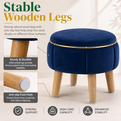 Image of Velvet Upholstered Round Ottoman Footstool | Anti-Slip Feet | Multipurpose Footrest, Step Stool & Vanity Seating & Decor | 40 x 30 cm (16 x 12 Inch) | Royal Blue
