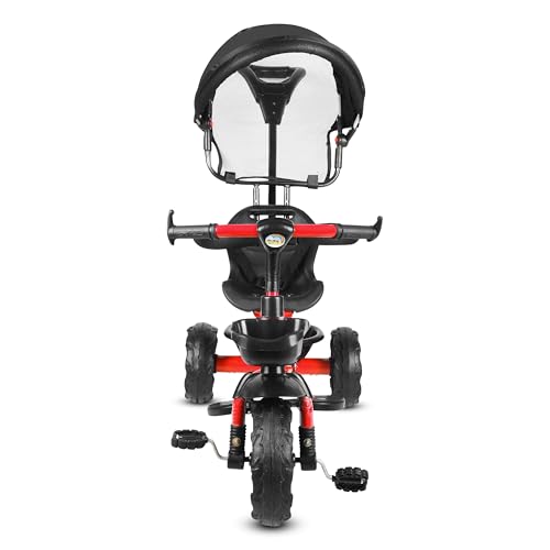 Image of BABY SMILE 4-in-1 Kids Tricycle with Adjustable Canopy, Parent Push Handle, Red and White (RED Black)