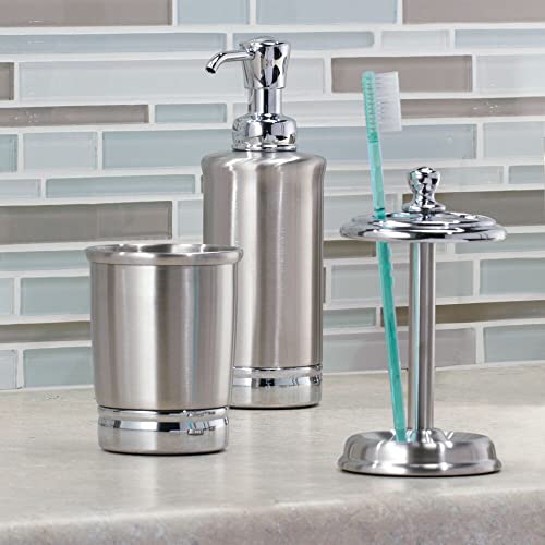Mdesign Metal Bathroom Vanity Countertop Accessory Set - Includes Refillable Soap Dispenser, Divided Toothbrush Stand, Tumbler Rinsing Cup, Soap Dish - Hyde Collection - 4 Pieces - Split Finish #TOP2