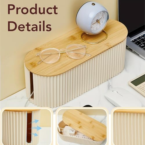 Image of Soko Cable Management Box with Bamboo Lid | Cords Hider & Surge Protector | Concealer for Power Strips, Router, TV, Gadget Wires Storage Organiser Tray for Desk, Table - Home, Office - Off-White