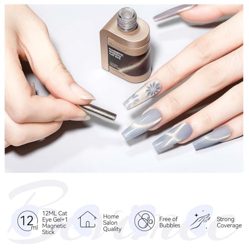 Bevimee Silver Cat Eye Gel Nail Polish, Magnetic Nail Polish Glitter Holographic With Magnet Gold Shimmer Cateye Effect, UV Velvet Gel Nails Art Manicure Salon DIY Home, 12ML — view 5