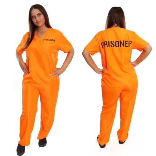 Ladies Orange Convict Prisoner Costume - Large Top & Trousers with Prisoner Text – Halloween, Cops and Robbers, Fancy Dress, Jail Inmate, Hen Party Outfit