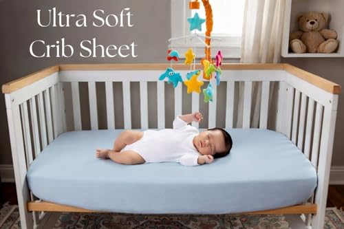 Image of Everyday Kids Fitted Crib Sheet, 100% Soft Breathable Microfiber Baby Sheet, Fits Standard Size Crib Mattress 28in x 52in, Light Blue Nursery Sheet