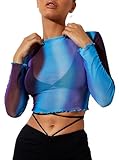 Remidoo Women's Mesh Tops Long Sleeve Crop Top Crewneck Tie Dye Cropped T Shirt Blue Purple Medium