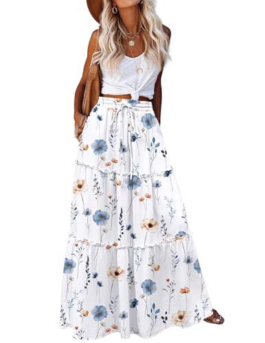 Zeagoo White Floral Skirts with Pockets Casual Skirt Boho High Waisted Flowy Maxi Skirts Trendy Skirts with Pockets XXL