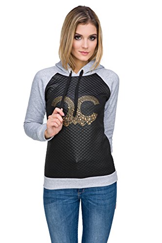 Image of FUTURO FASHION® Ladies Casual Hoodie Trendy Textured Quilted Long Sleeve Hoody Hooded Sweatshirt FZ99 Black
