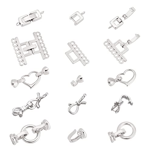 Superfindings 10Sets 5 Style Brass Fold Over Clasps Platinum Micro Fold Over Clasps With Hole Bowknot With Heart Necklace Bracelet Extenders For Jewelry Making Hole: 1Mm #TOP16