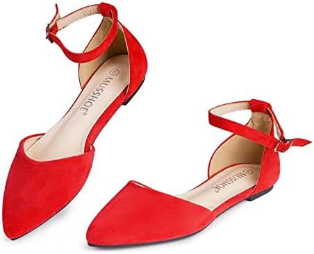 MUSSHOE Flat Shoes Women Pointed Toe Ankle Strap Women's Flats, Red Suede,  7 US : Amazon.sg: Fashion