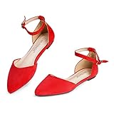 MUSSHOE Flat Shoes Women D'Orsay Pointed Toe Ankle Strap Women's Flats, Red Suede 9