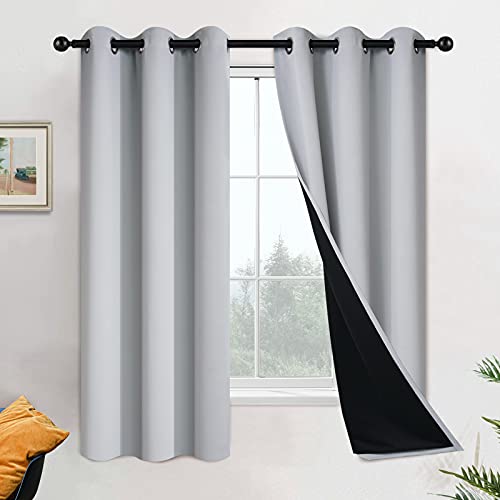 Image of Yakamok Light Grey 100% Blackout Curtains 63 Inches Long 42 inch Wide 2 Panel | Blackout Curtain Panels for Bedroom, 2 Thick Layers Grommet Top Thermal Insulated Drapes with Black Liner for Living Room