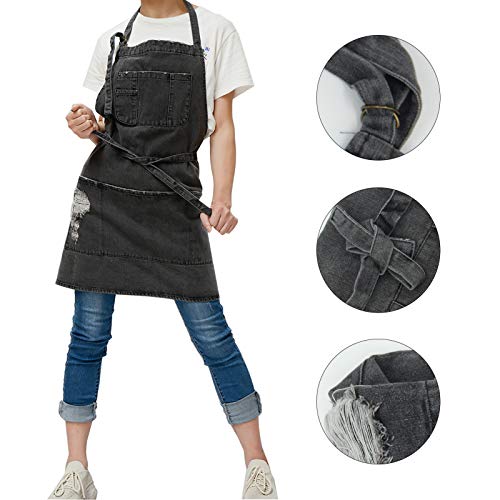 Cachil Denim Bib Apron Adjustable Straps Cooking Apron Kitchen Apron With 5 Pockets For Coffee Chef Cooking Kitchens (Gray) #TOP3
