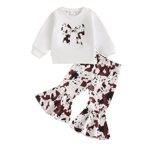 SAYOO Western Toddler Baby Girl Fall Clothes Cow Print Mama's Bestie/Mama's Girl Letter Sweatshirt Flare Pants 2Pcs Outfit