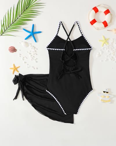 Image of Girls Swimsuit One-Piece Bathing Suit with Cover Up Skirt 7-16Y