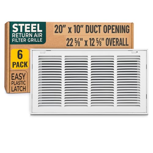 [6 Pack] Fits 20x10 Duct Opening | Steel Return Air Filter Grille by Handua [Removable Door] for 1-inch Filters | Vent Cover Grill | White | Easy-to-Use Plastic Latches | Out Dim: 22 5/8"W X 12 5/8"H
