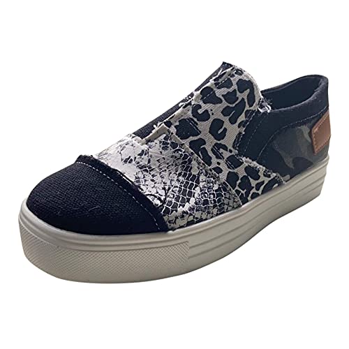 Casual Shoes for Women Summer Lightweight Snakeskin Stitching Flat Canvas Shoes Comfortable Round Toe Slip On Low Cut Sneakers Fashion Color Block Flat Shoe Black