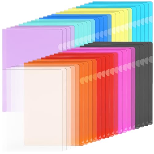 Cptoion - 45 Pack Clear Plastic Folders, A4 L-Type Project Folders, 10 Colors, Durable Document Folders, Transparent File Pockets for Office and School Use, 8.7" x 12.2"