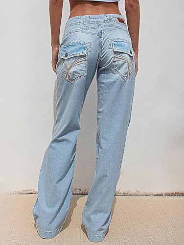 Flamingals Low Waisted Straight Leg Cargo Jeans for Women Stretch Casual Stitch Detail Denim Jeans4
