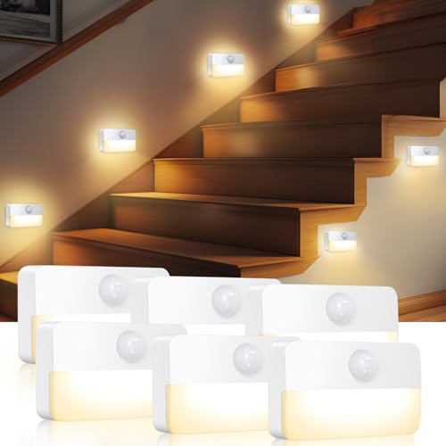 Image of AMIR 6 Pack Mini Motion Sensor Stair Light for Indoor, Battery-Powered LED Night Light, 40 Lumen 3000K, Cordless Closet Lights, Safe Lights for Stairs, Hallway, Bathroom, Kitchen, Cabinet