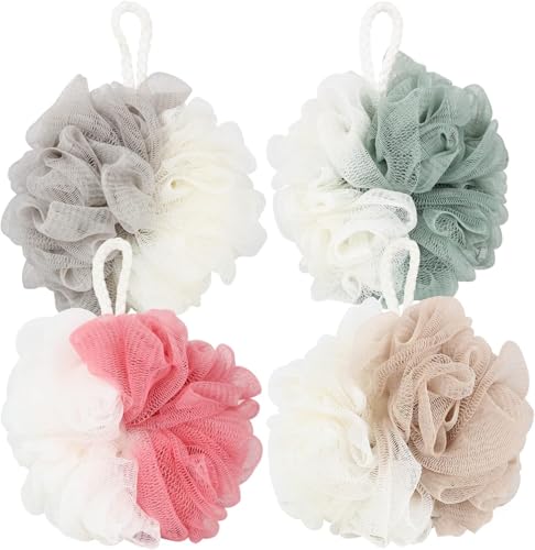 Image of Loofah Sponge Shower Loofahs 4 Colors Bath Sponges Body Scrubbers | Mesh Balls Luffa for Rich Lather Exfoliating Wash Back Scrubber Bathroom Men Women 4 Pack Cleaning Bathing Accessories