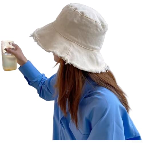 ZWEquipint Chapeau bob en coton pour femme à large bord protection solaire casquette de pêcheur à bords effilochés pour la plage, les voyages, l'extérieur, l'été, noir (beige)