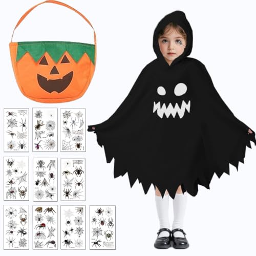 FFTANXS Deguisement Fantome Enfant avec Capuche,Costume Fantome Enfant avec Sac de Bonbons et Autocollants Tatouage,pour Halloween, Carnaval,Fête à Thème Cosplay(Noir)