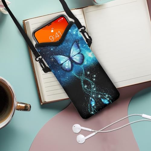 Image of Cell Phone Bag for Women & Men - Waterproof & Shockproof Smartphone Pouch - Crossbody Bag with Shoulder Strap - 8 x 4 inch, Galaxy Butterfly Blue