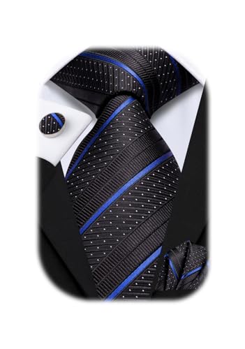 Image of Hi-Tie Mens Plaid Ties Classic Paisley Necktie with Handkerchief Cufflinks Set Business Stripe Tie