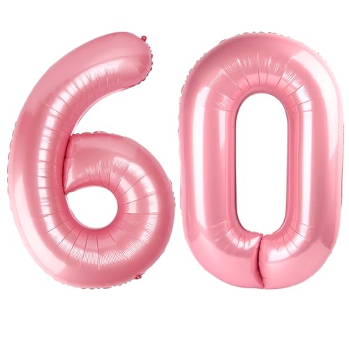 Image of Number Balloons 60 Balloon 40 inch Pearl Pink for 60th Birthday Decorations | Saturated Color, Large 40 in, With Straw & Hanging Hole, For Back-to-School Season, Wedding, Christmas, New Year, Anniversary