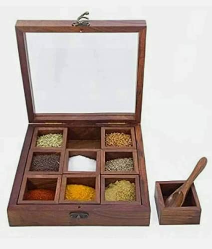 Boîte à épices en bois Masala Dabba rangement cuisine traditionnel coffret avec cuillère