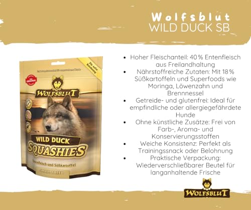 Wolfsblut Squashies Wild Duck SB - Hundesnack – getreidefreie Softsnacks mit Entenfleisch & Moringa – für kleine Hunde – Ergänzungsfuttermittel – 4 x 350g - Kroketten in Small Breed