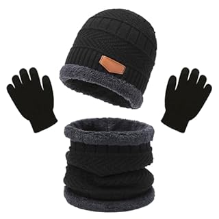 XNIVUIS 3 PCS Noir Garçons Ensemble Bonnet Écharpe Gant Ensemble Enfants Hiver Chaud Tricoté Bonnet Écharpe Polaire Tricoté Enfants Cache Cou Gants À Écran Tactile pour Garçons Filles 3-10 Ans (Noir)