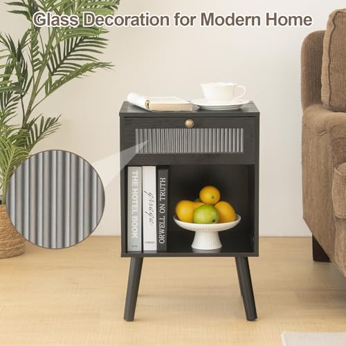 AWASEN Black Nightstand, Modern Bedside Tables with Glass Drawer, Wood Night Stand with Storage Shelf and Solid Wood Legs, Small End Tables Bedroom for Small Space, Black - Thumbnail 5