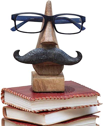 Indus Lifespace Artisan Of India Classic Hand Carved Nose-shaped Eyeglass Spectacle Holder with Black Moustache