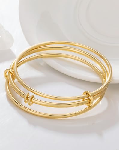 Stackable Bangle Bracelets for Women 14K Gold Plated Triple Interlocked Bangle Stainless Steel Bracelets Classic Plain Non-Tarnish Jewelry Gift for Women