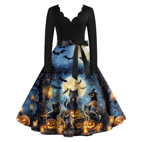 OIOLOYJM Sexy Plus Size Halloween Costumes Woman 2025 Long Sleeve V Neck Printed Gothic Retro Formal Party Dresses for Women