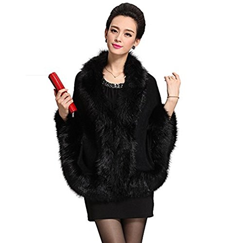 Roniky Women Luxury Bridal Faux Fur Shawl Wraps Cloak Coat Sweater Cape (Black)