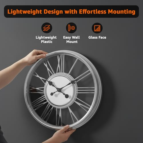 Image of Amazon Basics Large Plastic Wall Clock with Chrome Finish, Skeleton Dial Design, Lightweight & Durable, 44 cm Diameter x 5.7 cm Width, Ideal for Living Room - Silver