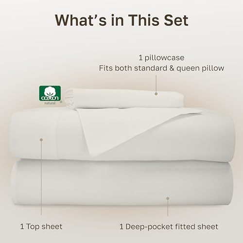 Image of California Design Den 500TC 100% Cotton TwinXL Sheets Set, Eggshell Cream | Good Housekeeping Seal, OEKO-TEX Certified, Silky-Soft Sateen Weave, 3pc Set, 15 inch Deep Pockets, For Hot Sleepers, All-Season