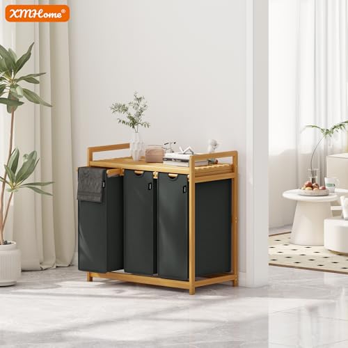 XMHome wäschekorb 3 fächer 148L großer quadratischer Wäschesammler aus Bambus Wäschebox optisch ansprechender Wäschesortierer in 77.5X41.3X77.5 CM Dunkelgrau