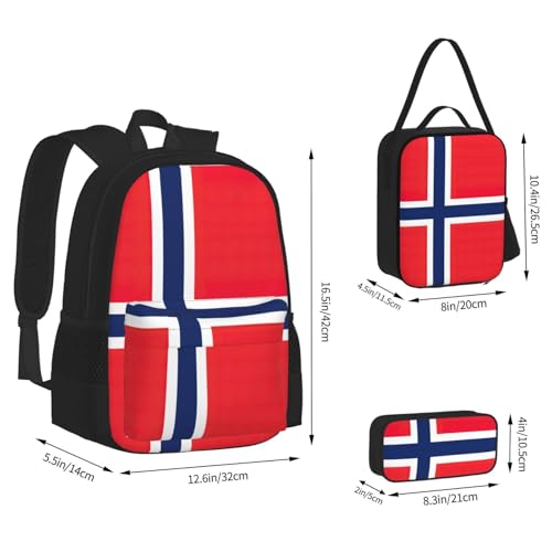 Norwegian Flag Print 3-Piece Set Backpack, Lunch Bag And Pencil Case, For Travel, College, And Daily Use4
