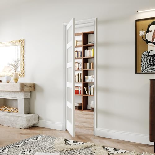 Image of 28 inch x 80 inch French Interior Door, 5 Lite Tempered Frosted Glass Panel for Pantry & Bedroom, Single Pre-drilled Holes Slab Door, White Primed, Assembly Required (Hinges Not Included)