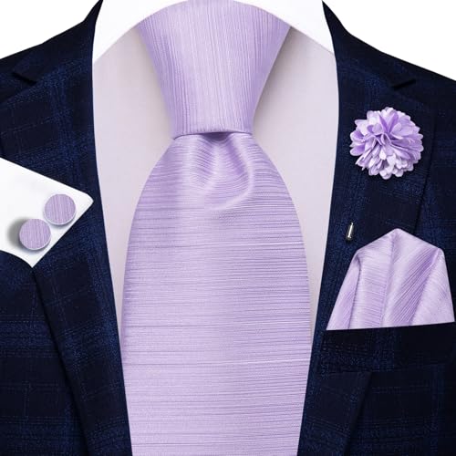 Image of Hi-Tie Men Silk Ties Set with Flower Lapel Pin Necktie Pocket Square Cufflinks for Tuxedo Wedding Business