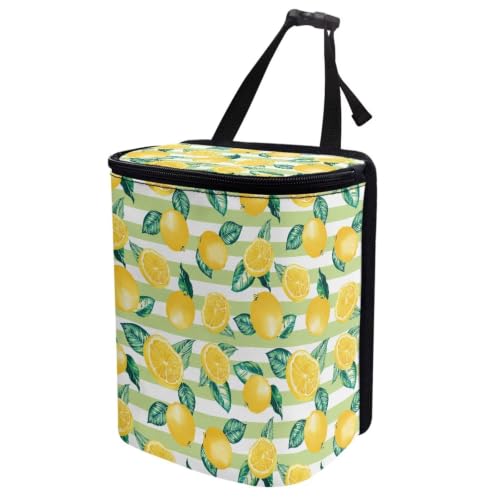 Image of Lemon Stripe Print Trash Bag for Car with Lid Multipurpose Trash Bin Waterproof Garbage Can Decoration Universal Car Interior Accessories
