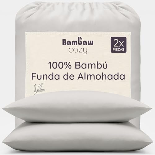 Bambaw Fundas de Almohada 50x70 cm Bambu, Pack de 2, Sábana Frescas para Verano, Sabanas Termorreguladoras y Refrescantes, Sabana Bambu Antibacteriano, Funda Almohada Antiacaros (Gris)