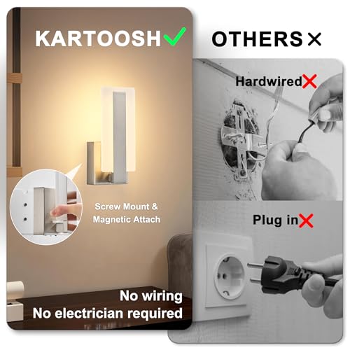 Image of KARTOOSH Rechargeable Wireless Wall Sconces,Battery Operated Modern Wall Light Set of Two with Remote Control,Dimmable,3000K /4000K /6000K,Timer,Cordless Lighting for Hallway,Bedroom,Living Room Nickel