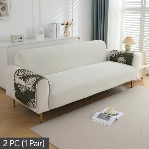 Image of HOKIPO Printed Waterproof + Anti-Slip + Quick Dry Sofa Armrest Cover with Pockets (2Pcs), Palm Leaves Olive (AR-5237-P8-L*2)