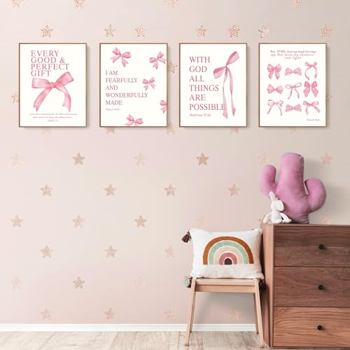 Image of LARTSFRO Coquette Pink Bow Christian Wall Art Decor Posters, Pink Bow Room Bedroom Bathroom Dorm Wall Art Decor Aesthetic for College Teen Girls Gifts, Inspirational Bible Verses Bow Wall Decor, 12x16 Inch Set of 4 Pcs Bow Pictures (UNFRAMED)