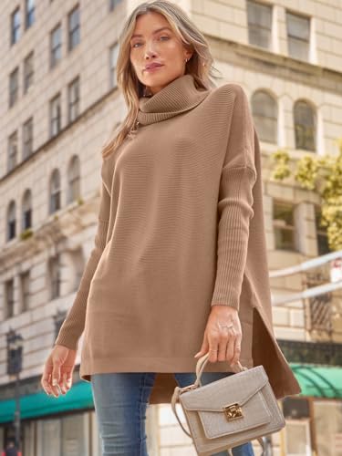 Image of LILLUSORY Women's Turtleneck Oversized Sweaters Long Batwing Sleeve Spilt Hem Tunic Pullover Knit Tops